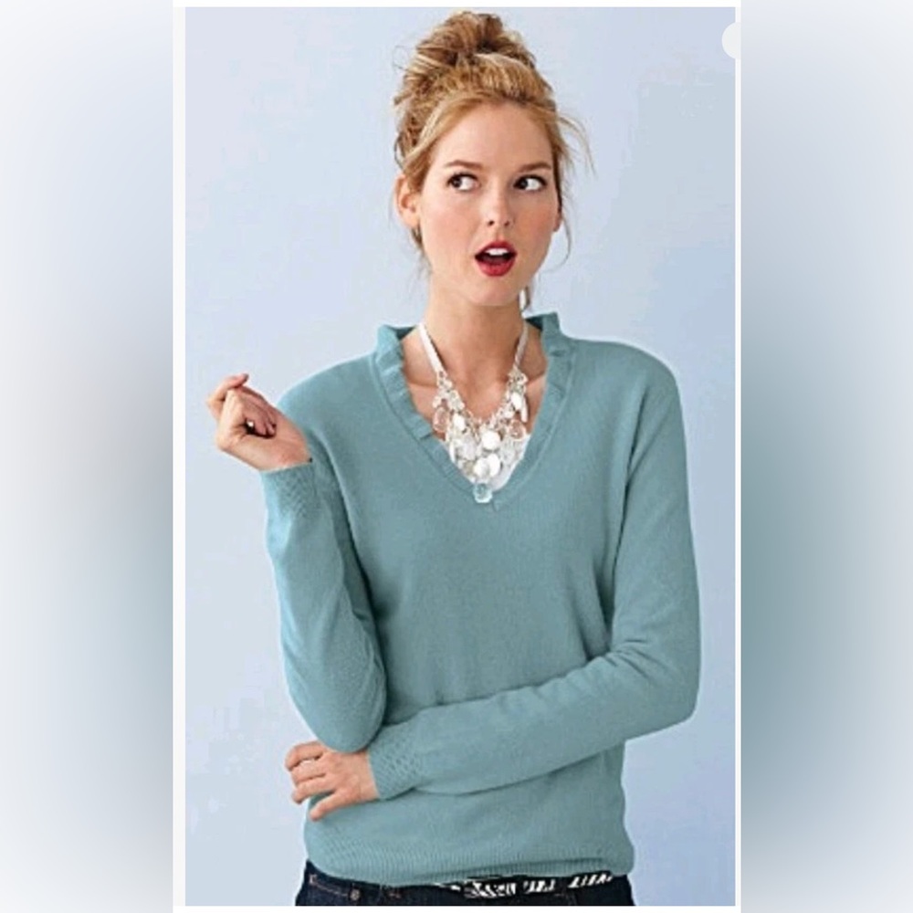Garnet Hill Cashmere Ruffle V-Neck Sweater - Aqua